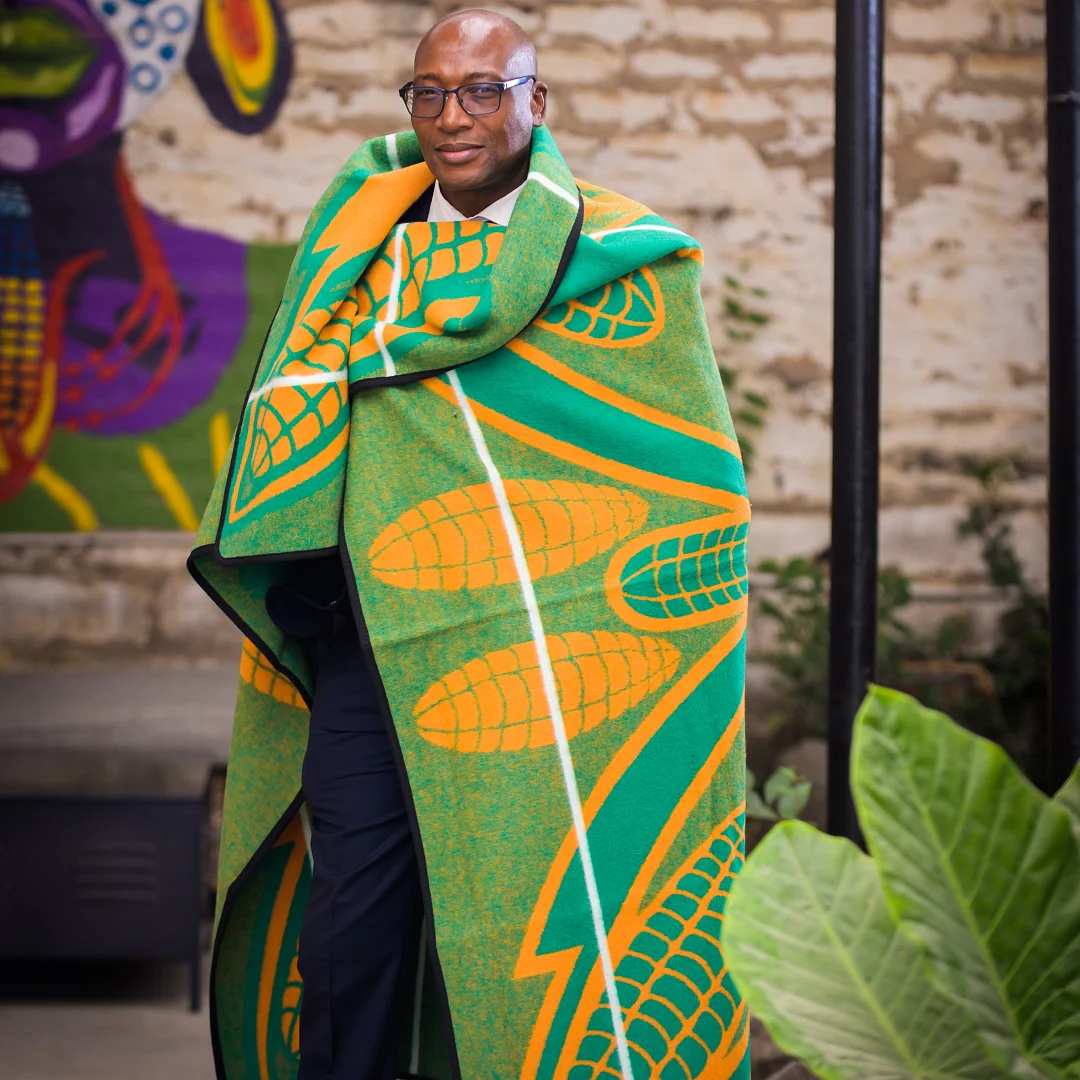 Basotho Seanamarena Poone Blanket (Green / Gold / White Stripe